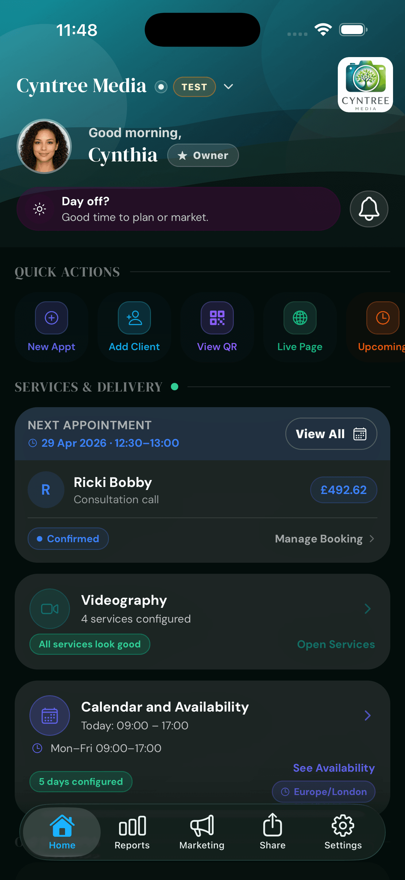 Cyntree business booking dashboard screen