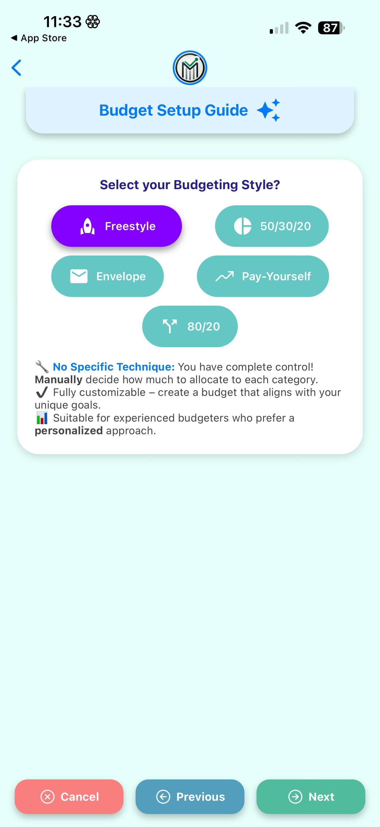 MBA Moolah Budget App budget setup guide screen